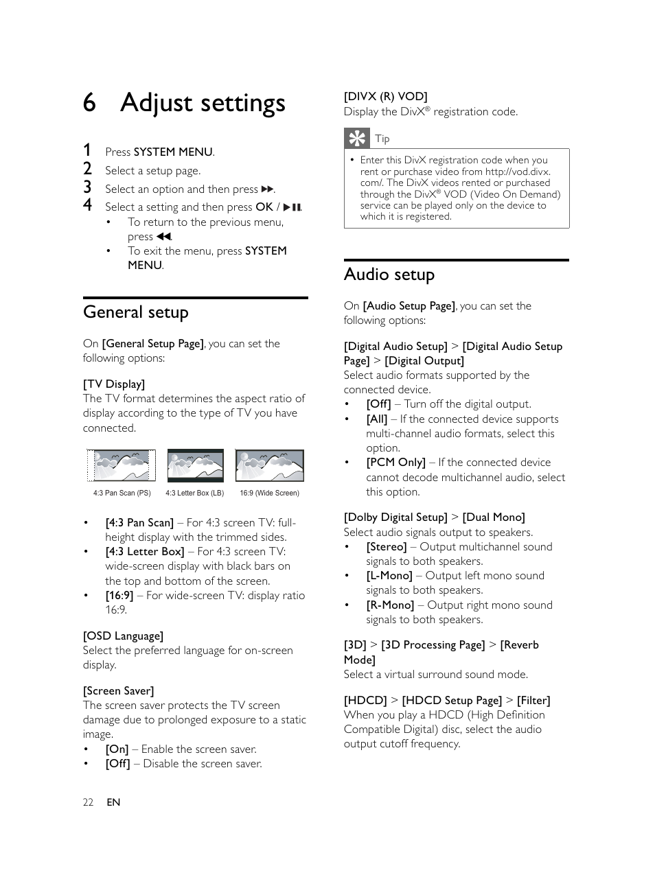 6 adjust settings, Audio setup, General setup | Philips Microcadena DVD por componentes User Manual | Page 21 / 269