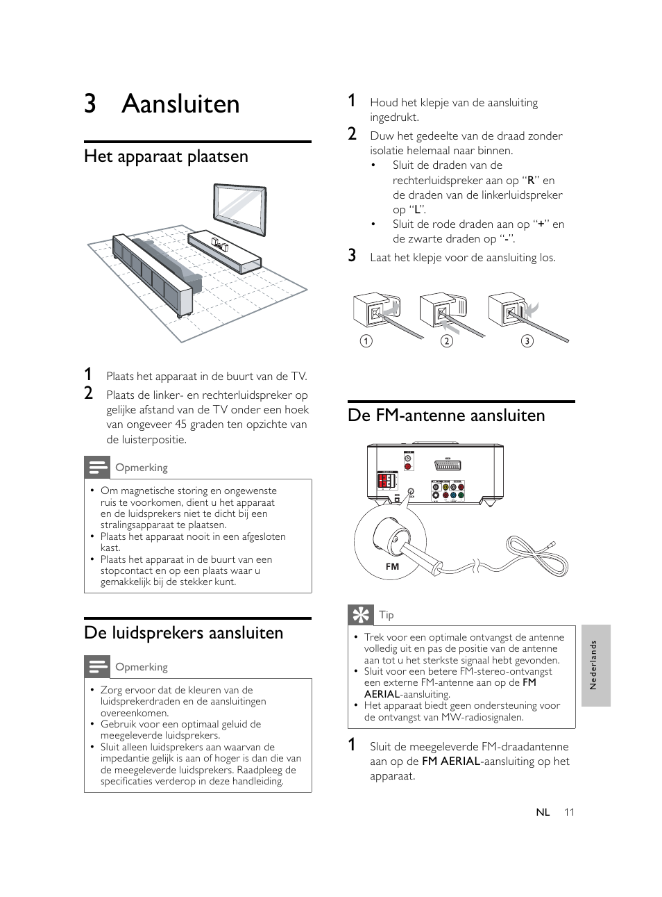 3 aansluiten, De fm-antenne aansluiten, Het apparaat plaatsen 1 | De luidsprekers aansluiten | Philips Microcadena DVD por componentes User Manual | Page 212 / 269