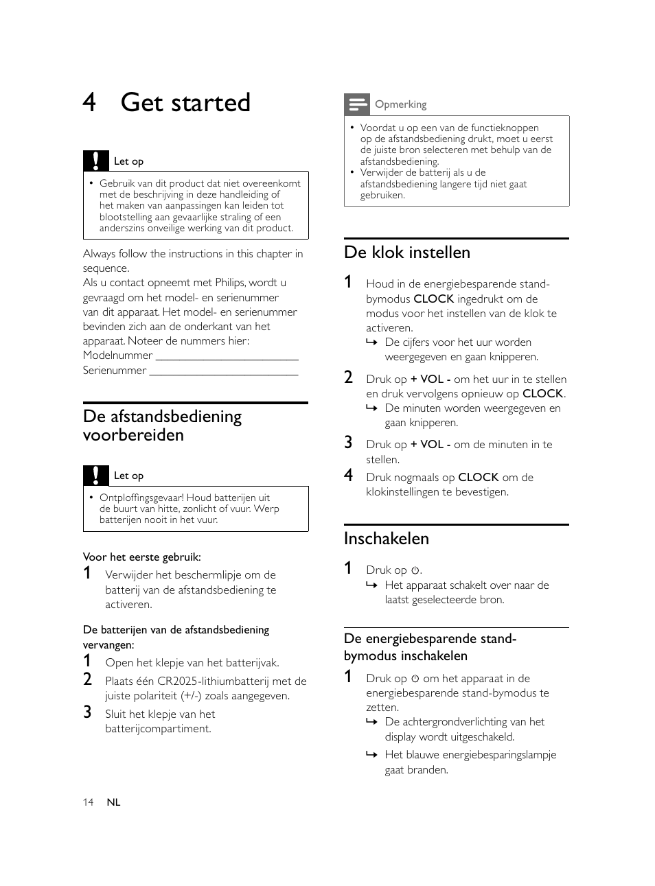 4 get started, De klok instellen 1, Inschakelen 1 | De afstandsbediening voorbereiden | Philips Microcadena DVD por componentes User Manual | Page 215 / 269