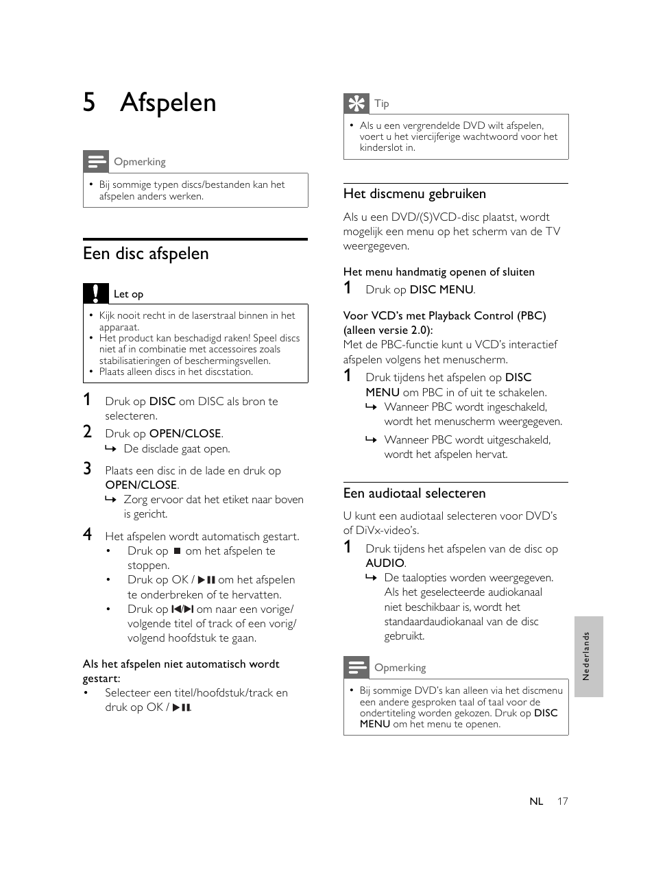 5 afspelen, Een disc afspelen | Philips Microcadena DVD por componentes User Manual | Page 218 / 269