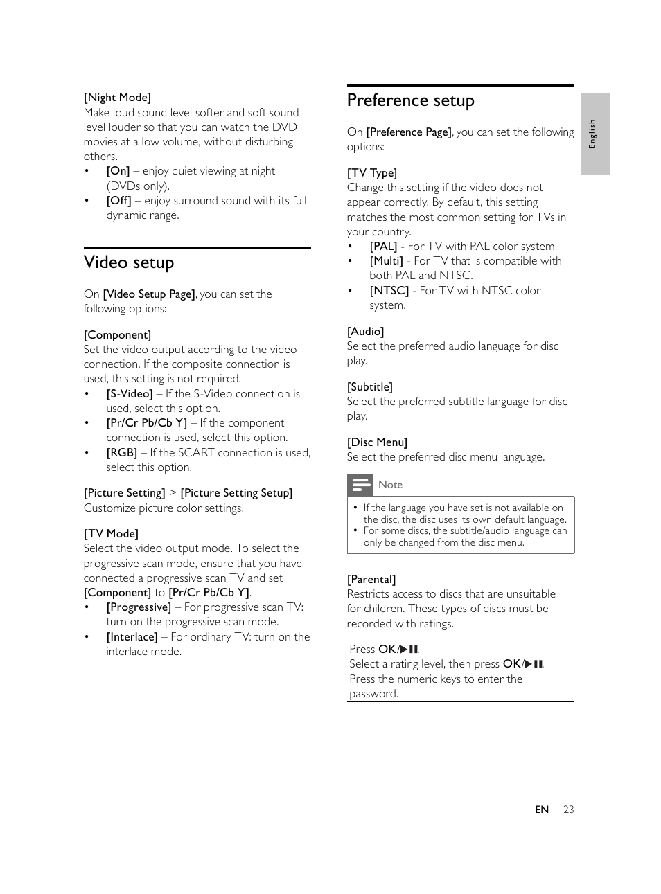 Preference setup, Video setup | Philips Microcadena DVD por componentes User Manual | Page 22 / 269