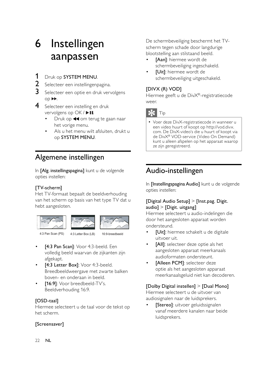 6 instellingen aanpassen, Audio-instellingen, Algemene instellingen | Philips Microcadena DVD por componentes User Manual | Page 223 / 269