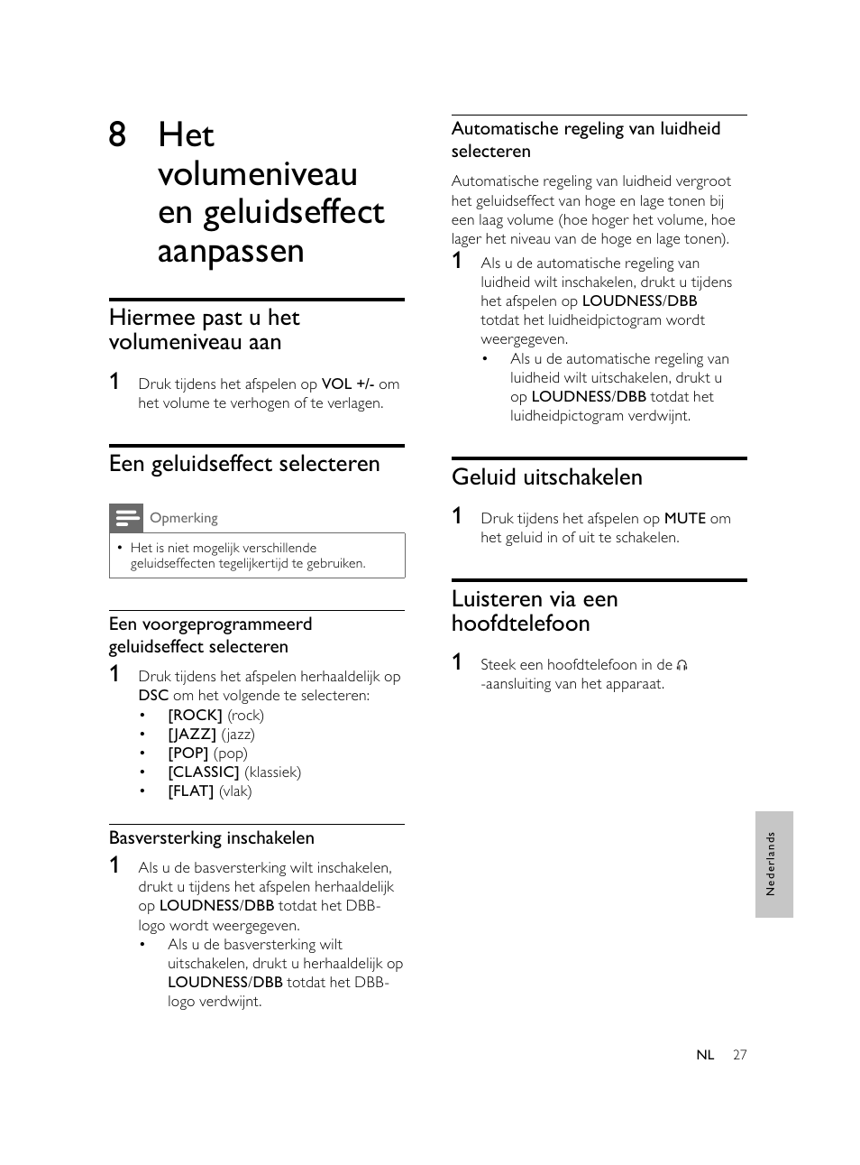 8 het volumeniveau en geluidseffect aanpassen, Geluid uitschakelen 1, Luisteren via een hoofdtelefoon 1 | Hiermee past u het volumeniveau aan 1, Een geluidseffect selecteren | Philips Microcadena DVD por componentes User Manual | Page 228 / 269