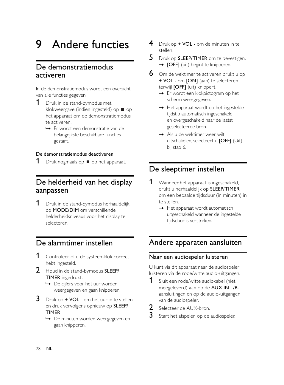 9 andere functies, De sleeptimer instellen 1, Andere apparaten aansluiten | De demonstratiemodus activeren, De helderheid van het display aanpassen 1, De alarmtimer instellen 1 | Philips Microcadena DVD por componentes User Manual | Page 229 / 269