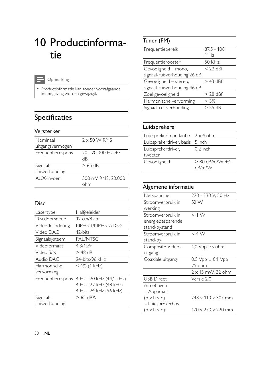 10 productinforma- tie, Speciﬁ caties | Philips Microcadena DVD por componentes User Manual | Page 231 / 269
