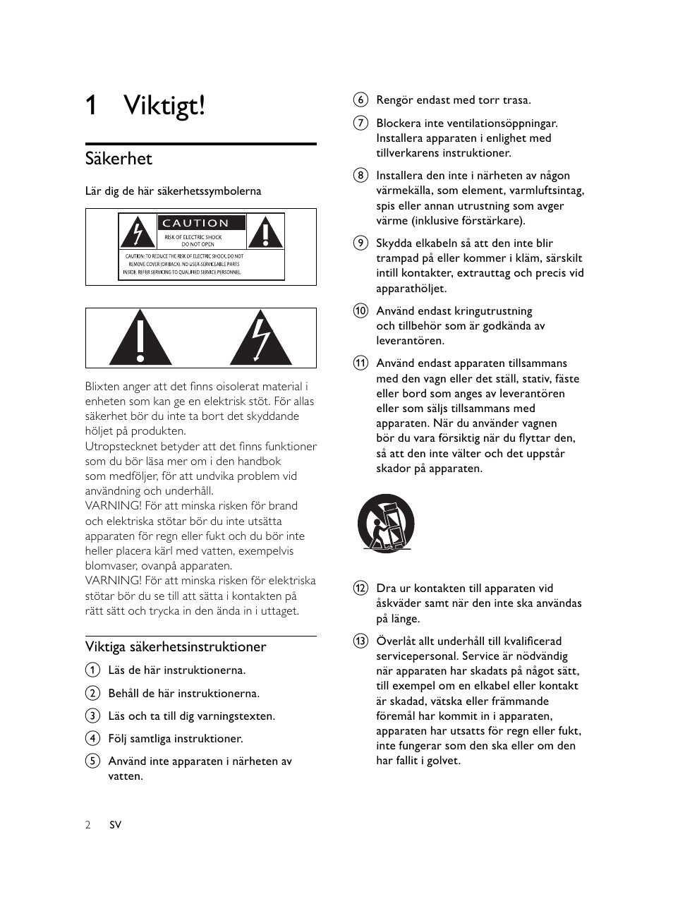 1 viktigt, Säkerhet | Philips Microcadena DVD por componentes User Manual | Page 237 / 269