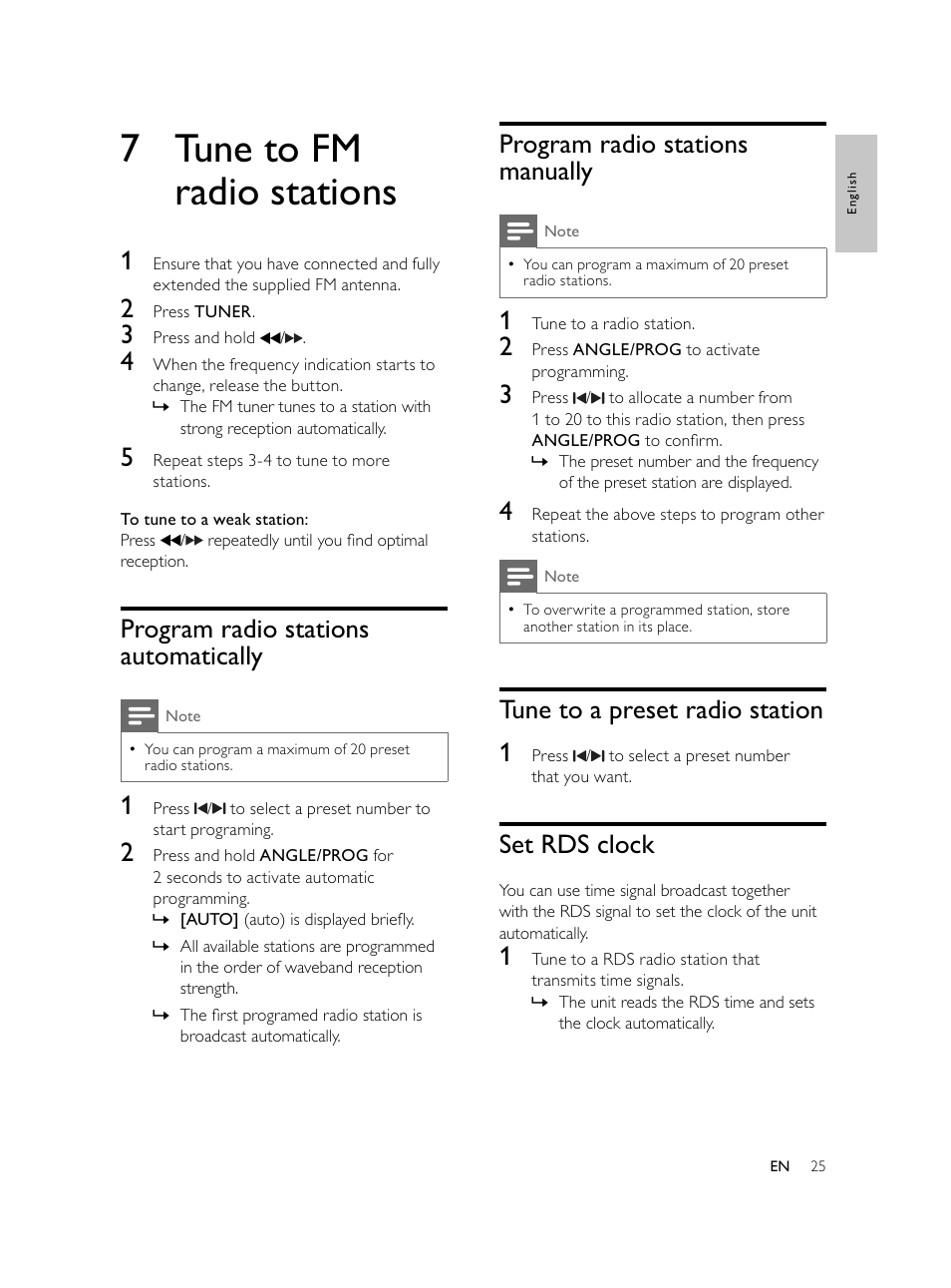 7 tune to fm radio stations, Program radio stations manually, Tune to a preset radio station 1 | Set rds clock, Program radio stations automatically | Philips Microcadena DVD por componentes User Manual | Page 24 / 269