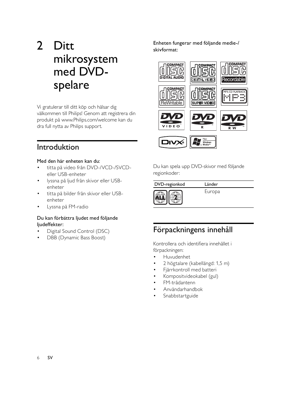 2 ditt mikrosystem med dvd- spelare, Förpackningens innehåll, Introduktion | Philips Microcadena DVD por componentes User Manual | Page 241 / 269