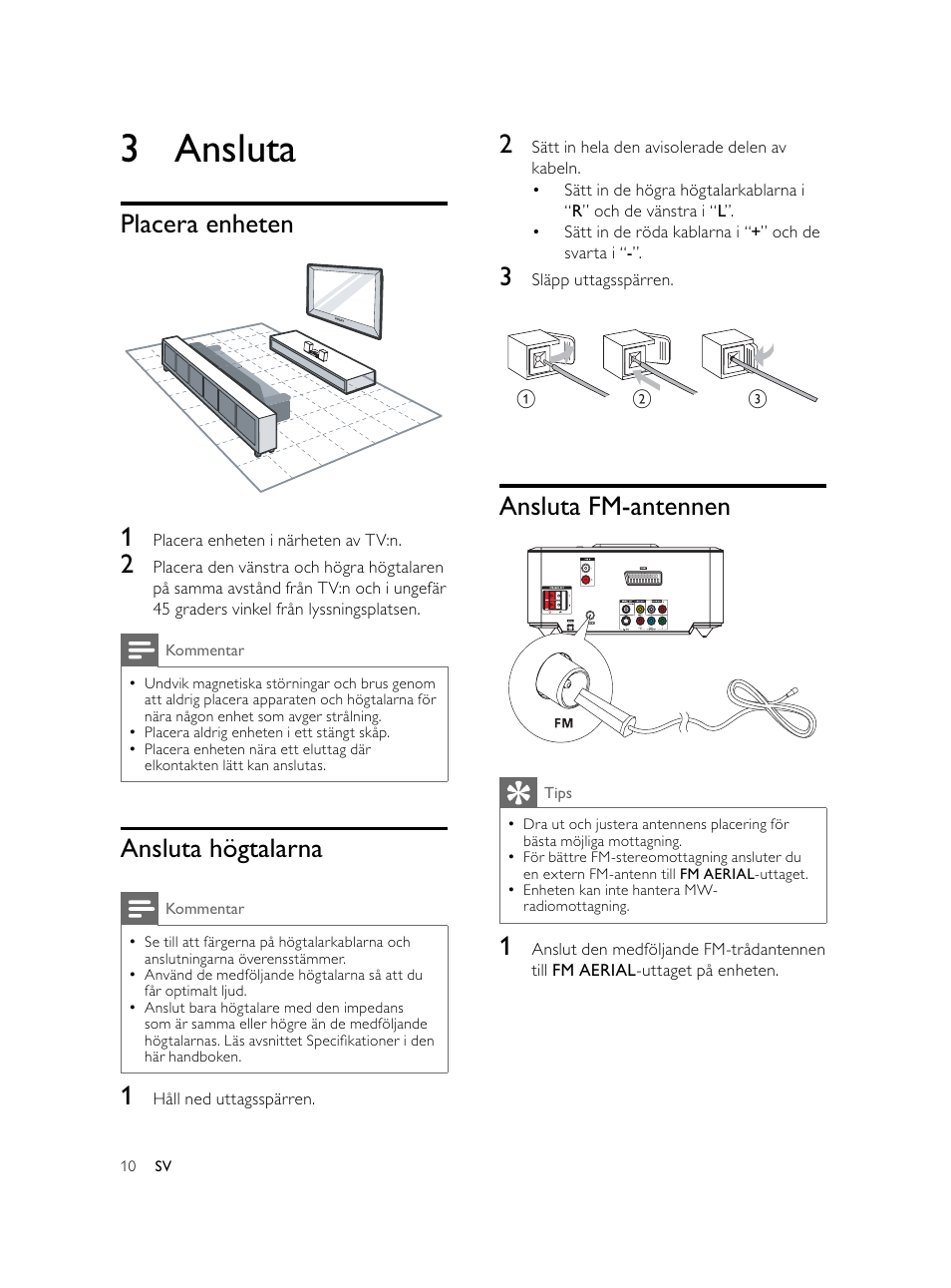 3 ansluta, Ansluta fm-antennen, Placera enheten 1 | Ansluta högtalarna | Philips Microcadena DVD por componentes User Manual | Page 245 / 269