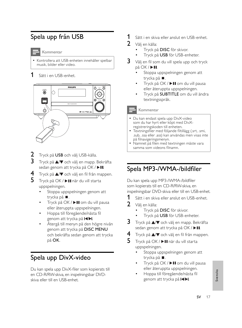 Spela mp3-/wma-/bildﬁ ler, Spela upp från usb, Spela upp divx-video | Philips Microcadena DVD por componentes User Manual | Page 252 / 269