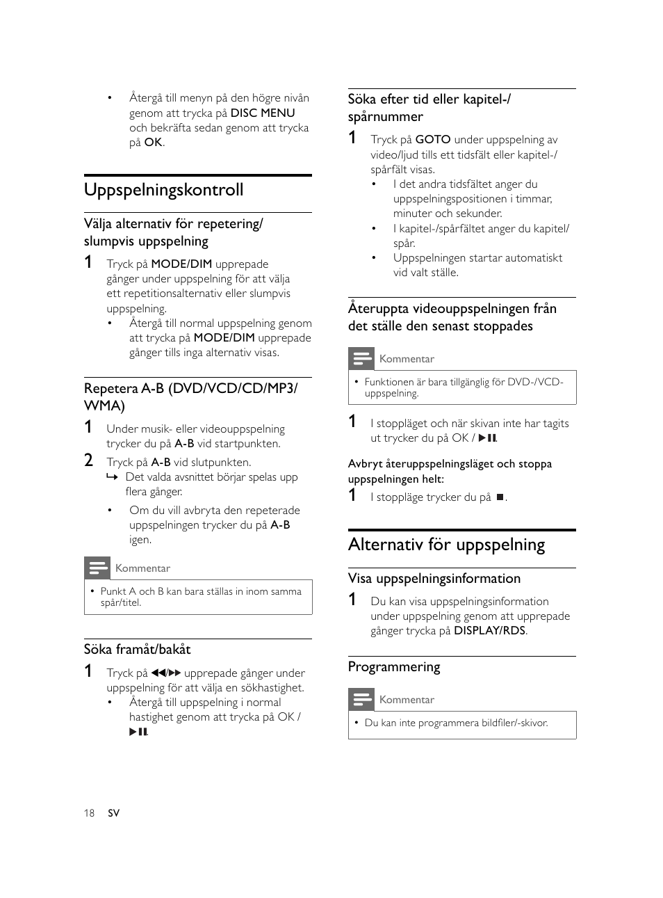Alternativ för uppspelning, Uppspelningskontroll | Philips Microcadena DVD por componentes User Manual | Page 253 / 269