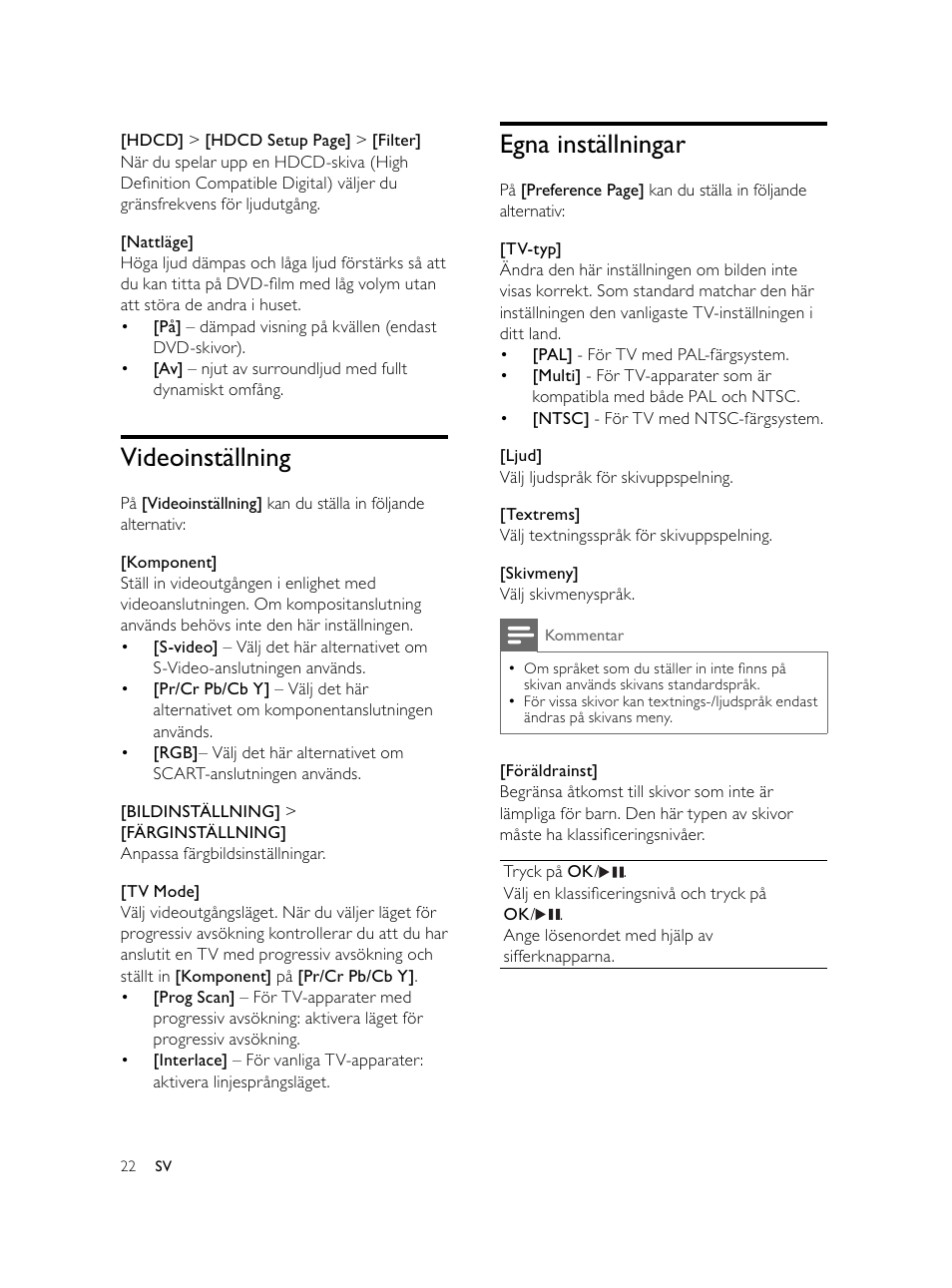 Egna inställningar, Videoinställning | Philips Microcadena DVD por componentes User Manual | Page 257 / 269