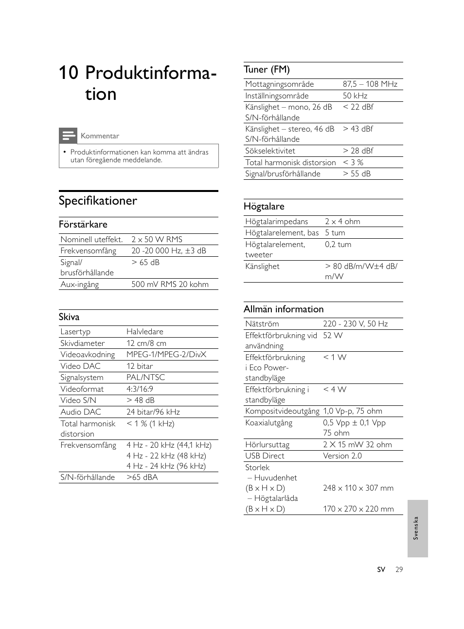 10 produktinforma- tion, Speciﬁ kationer | Philips Microcadena DVD por componentes User Manual | Page 264 / 269