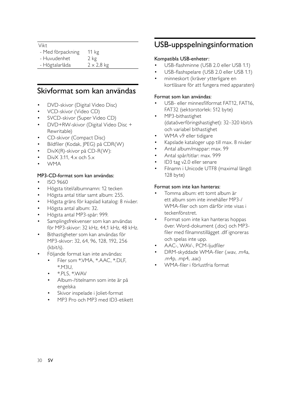 Usb-uppspelningsinformation, Skivformat som kan användas | Philips Microcadena DVD por componentes User Manual | Page 265 / 269