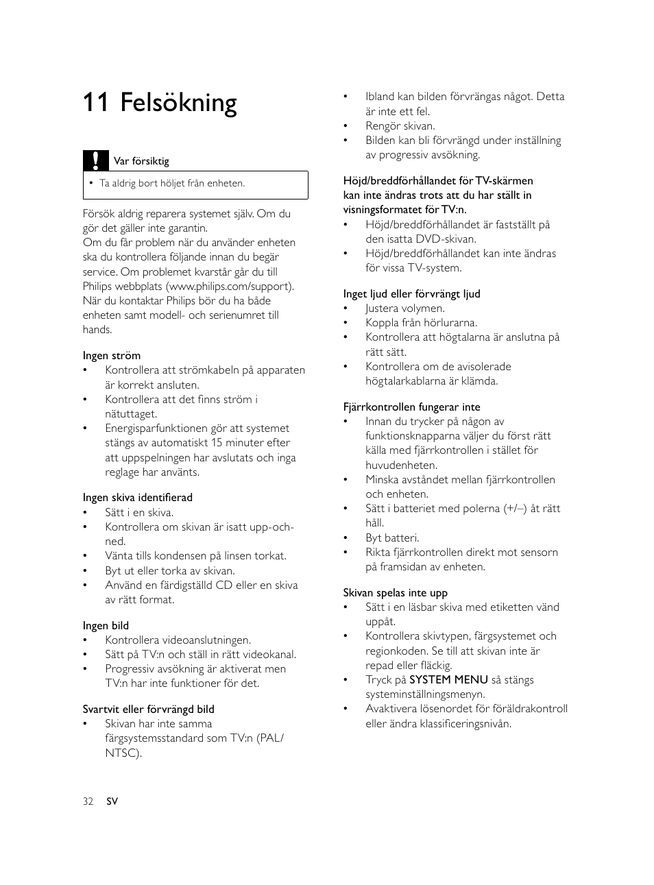 11 felsökning | Philips Microcadena DVD por componentes User Manual | Page 267 / 269