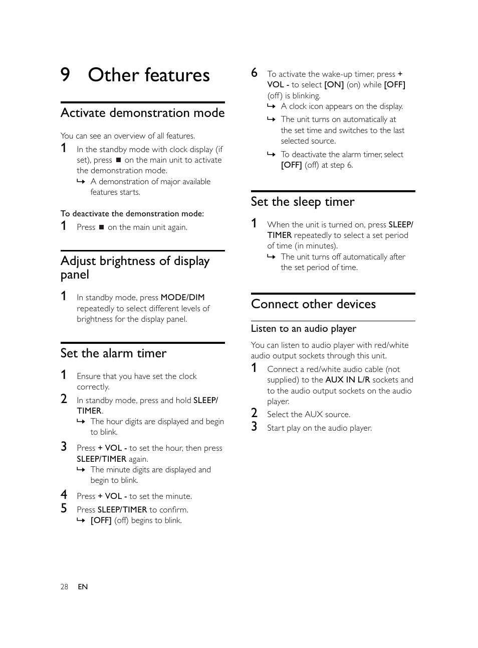 9 other features, Set the sleep timer 1, Connect other devices | Activate demonstration mode, Adjust brightness of display panel 1, Set the alarm timer 1 | Philips Microcadena DVD por componentes User Manual | Page 27 / 269