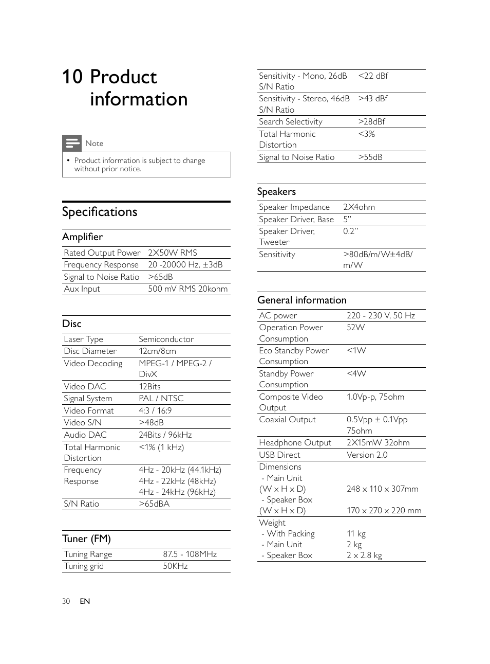 10 product information, Speciﬁ cations | Philips Microcadena DVD por componentes User Manual | Page 29 / 269