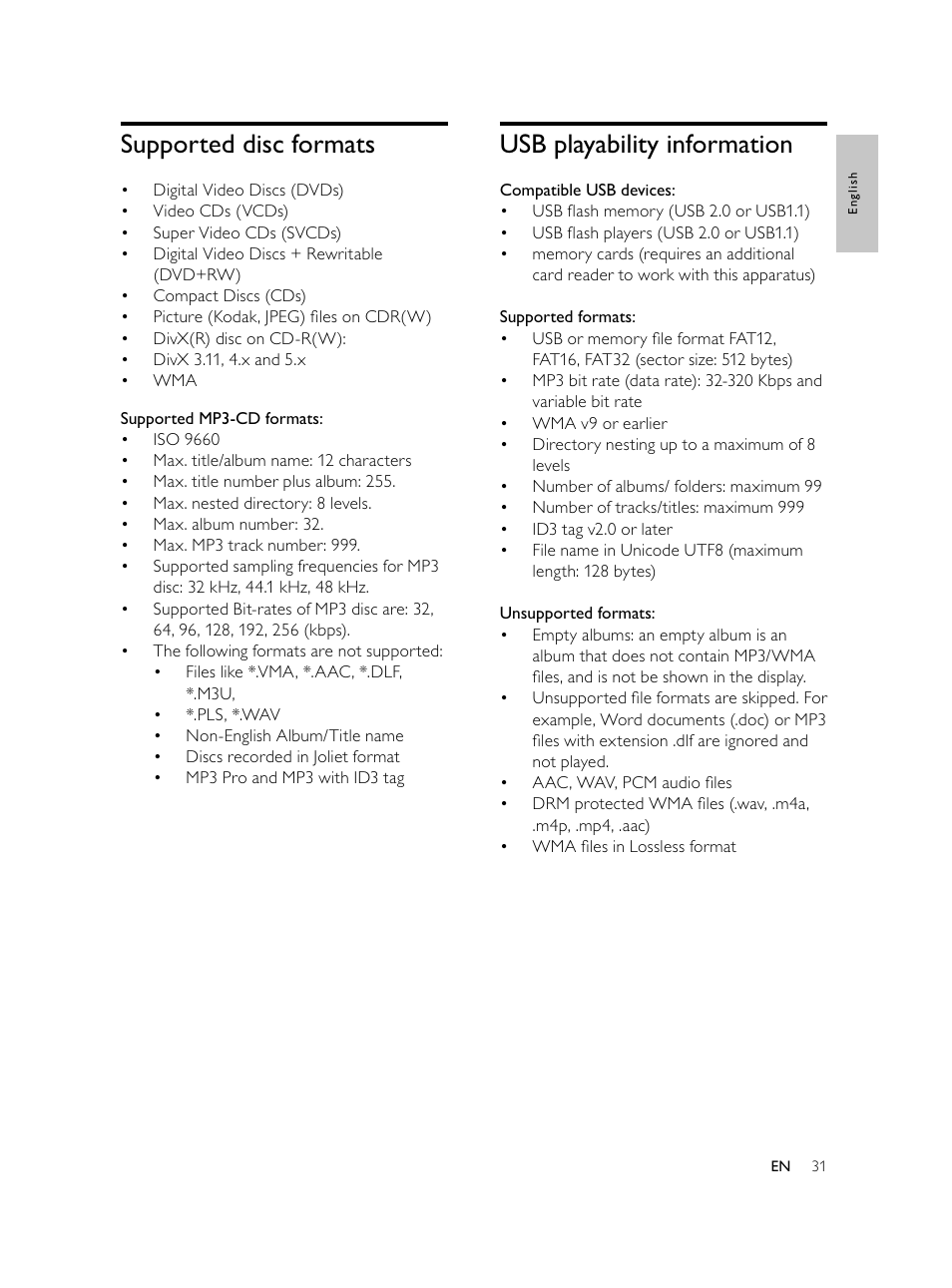 Usb playability information, Supported disc formats | Philips Microcadena DVD por componentes User Manual | Page 30 / 269