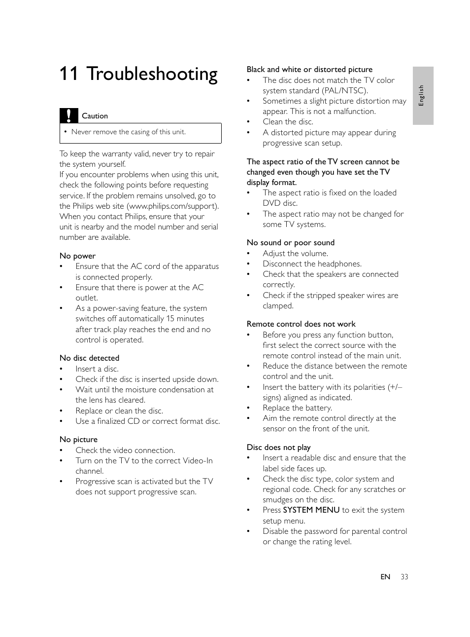 11 troubleshooting | Philips Microcadena DVD por componentes User Manual | Page 32 / 269