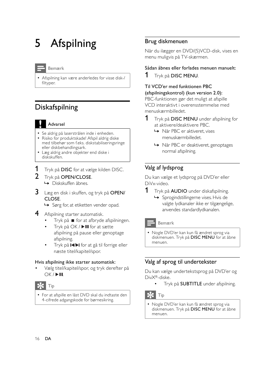 5 afspilning, Diskafspilning | Philips Microcadena DVD por componentes User Manual | Page 49 / 269