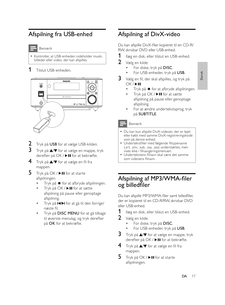 Afspilning af divx-video, Afspilning af mp3/wma-ﬁ ler og billedﬁ ler, Afspilning fra usb-enhed | Philips Microcadena DVD por componentes User Manual | Page 50 / 269