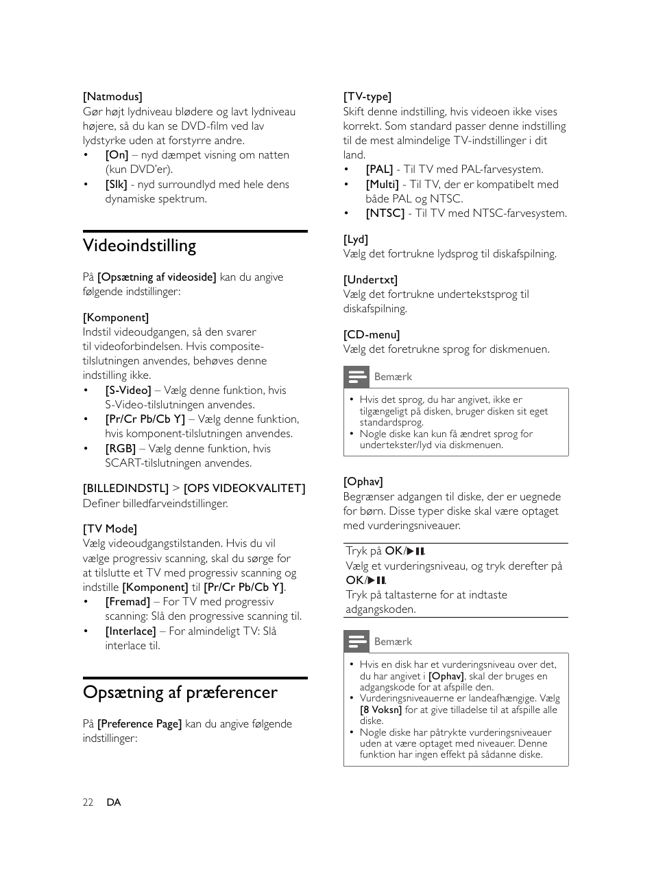 Videoindstilling, Opsætning af præferencer | Philips Microcadena DVD por componentes User Manual | Page 55 / 269