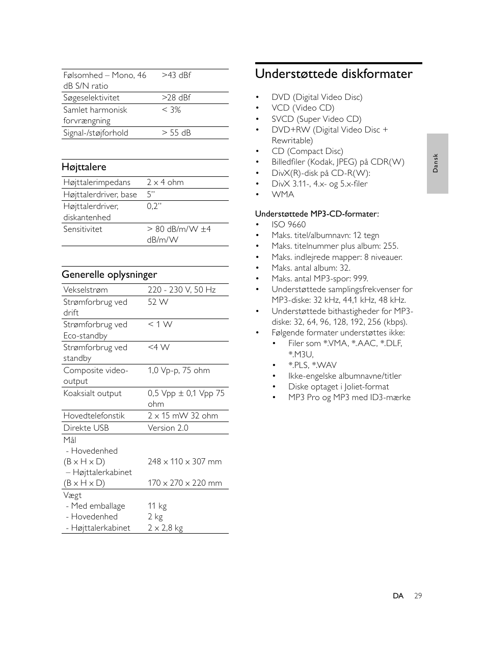 Understøttede diskformater, Højttalere, Generelle oplysninger | Philips Microcadena DVD por componentes User Manual | Page 62 / 269