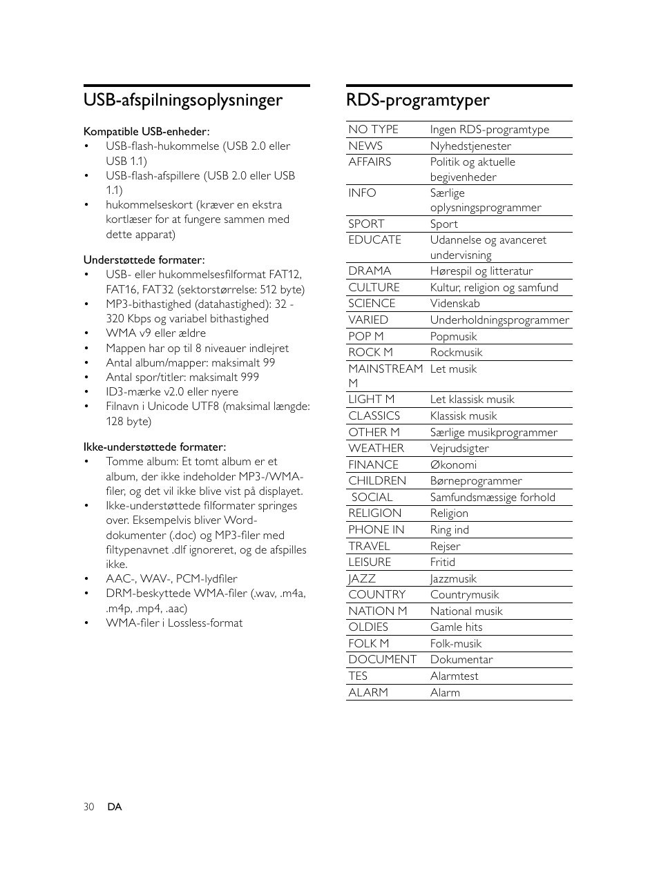 Rds-programtyper, Usb-afspilningsoplysninger | Philips Microcadena DVD por componentes User Manual | Page 63 / 269