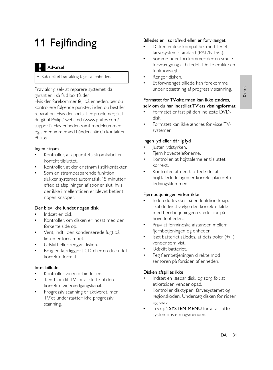 11 fejlfinding | Philips Microcadena DVD por componentes User Manual | Page 64 / 269