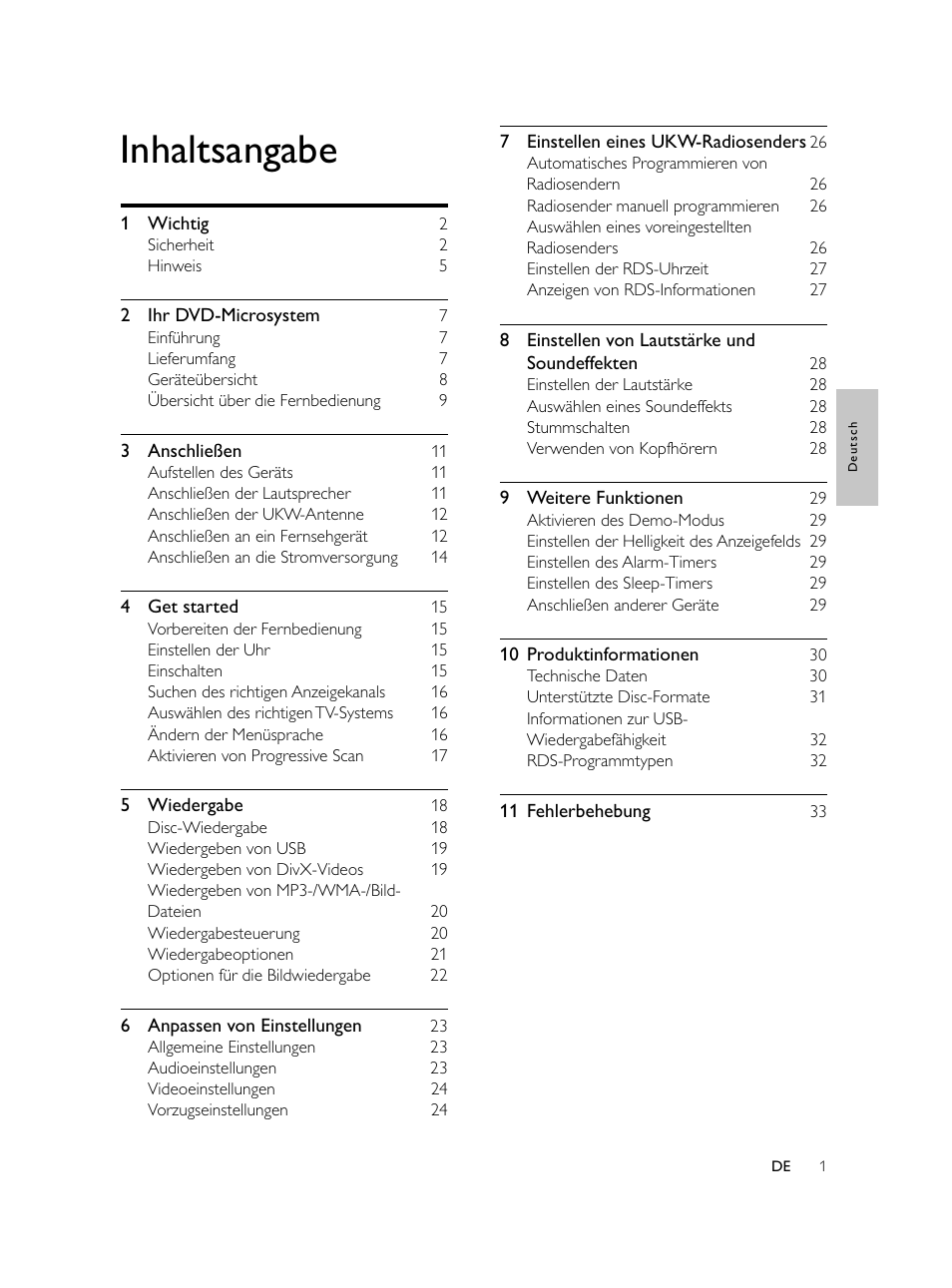Inhaltsangabe | Philips Microcadena DVD por componentes User Manual | Page 66 / 269