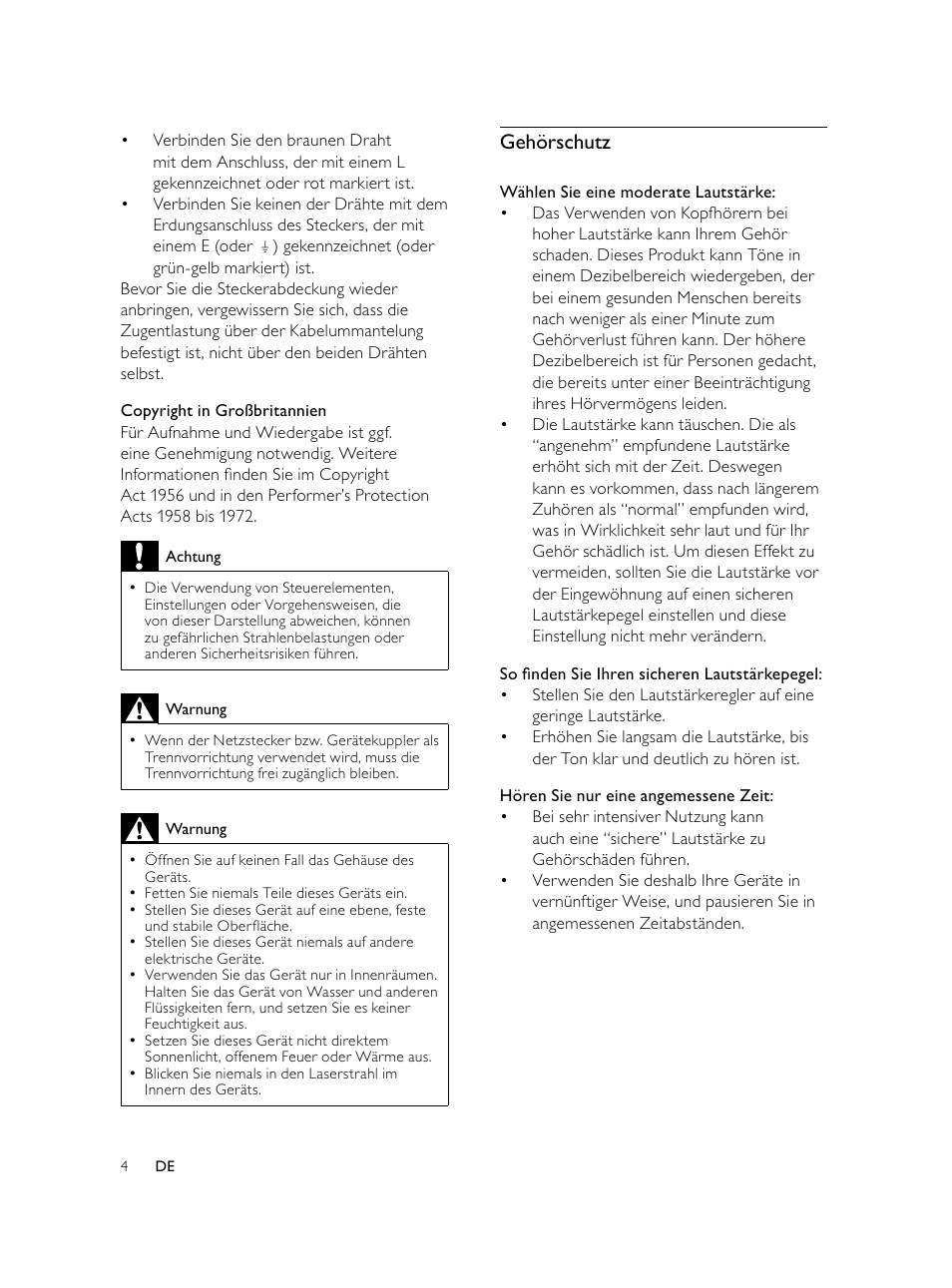 Gehörschutz | Philips Microcadena DVD por componentes User Manual | Page 69 / 269