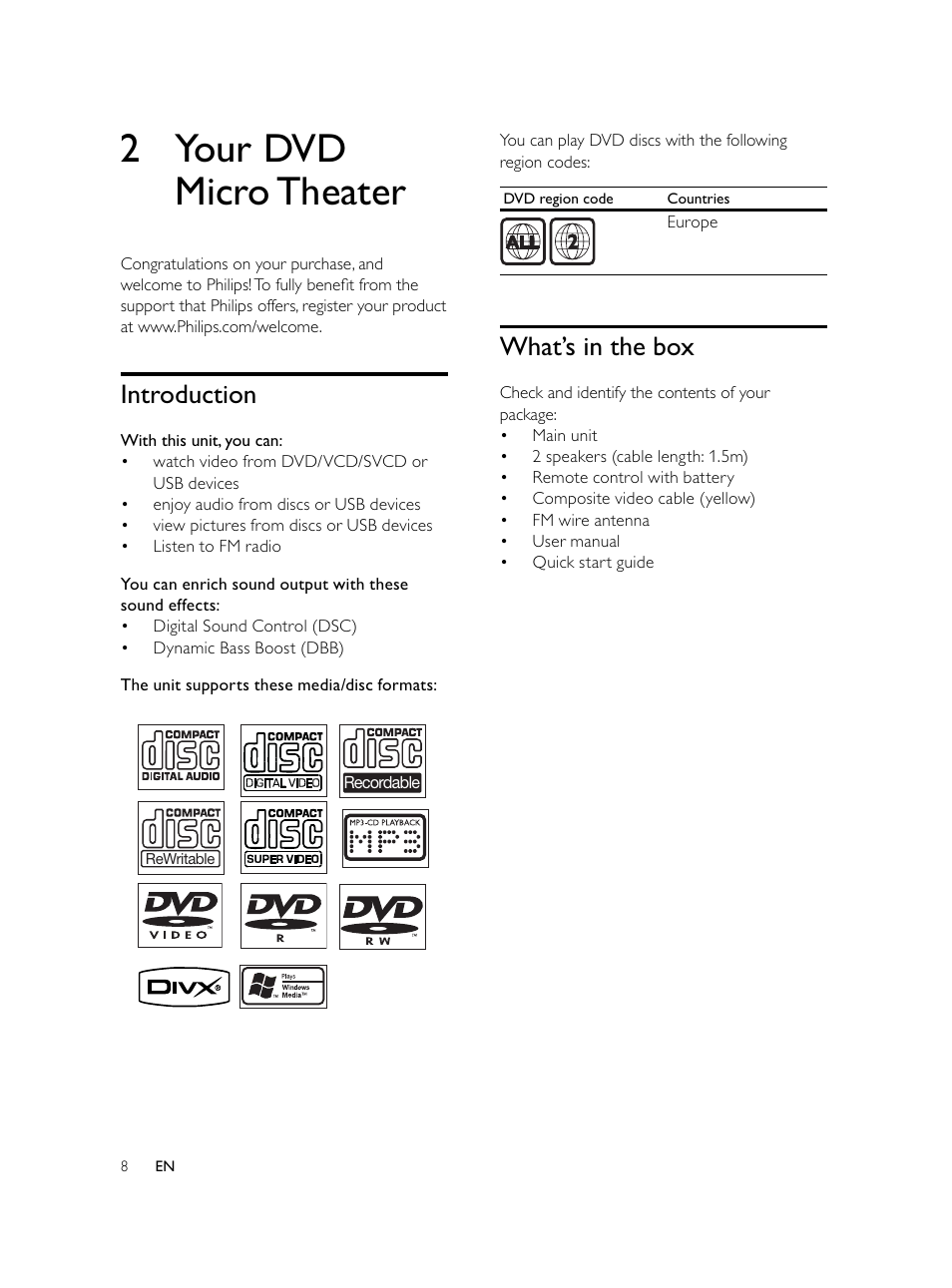 2 your dvd micro theater, What’s in the box, Introduction | Philips Microcadena DVD por componentes User Manual | Page 7 / 269
