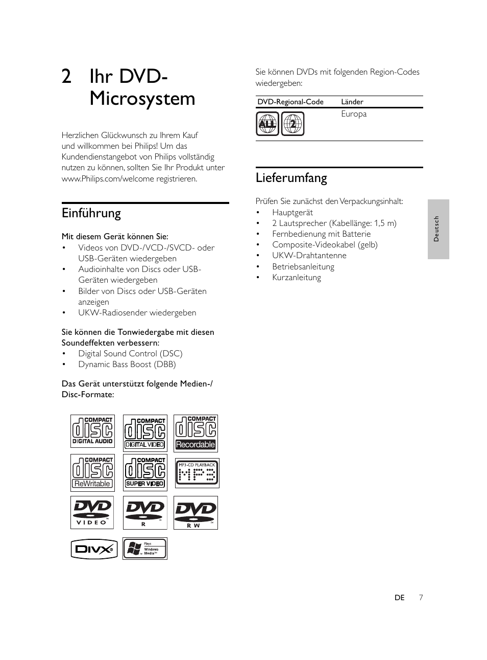 2 ihr dvd- microsystem, Lieferumfang, Einführung | Philips Microcadena DVD por componentes User Manual | Page 72 / 269
