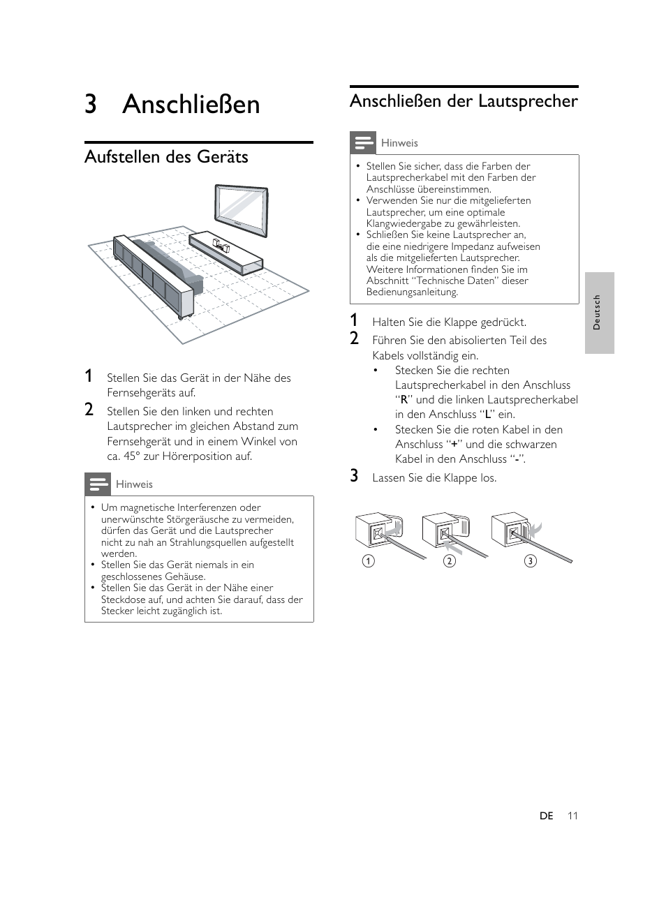 3 anschließen, Anschließen der lautsprecher, Aufstellen des geräts 1 | Philips Microcadena DVD por componentes User Manual | Page 76 / 269