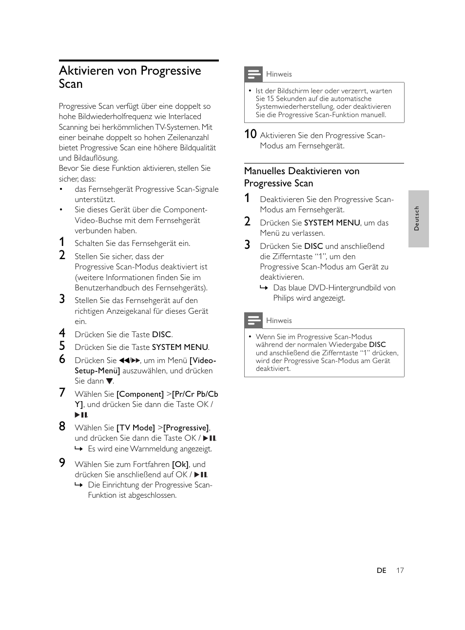 Aktivieren von progressive scan | Philips Microcadena DVD por componentes User Manual | Page 82 / 269