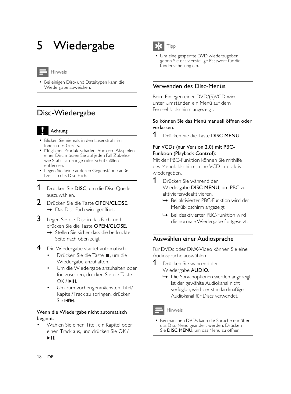 5 wiedergabe, Disc-wiedergabe | Philips Microcadena DVD por componentes User Manual | Page 83 / 269