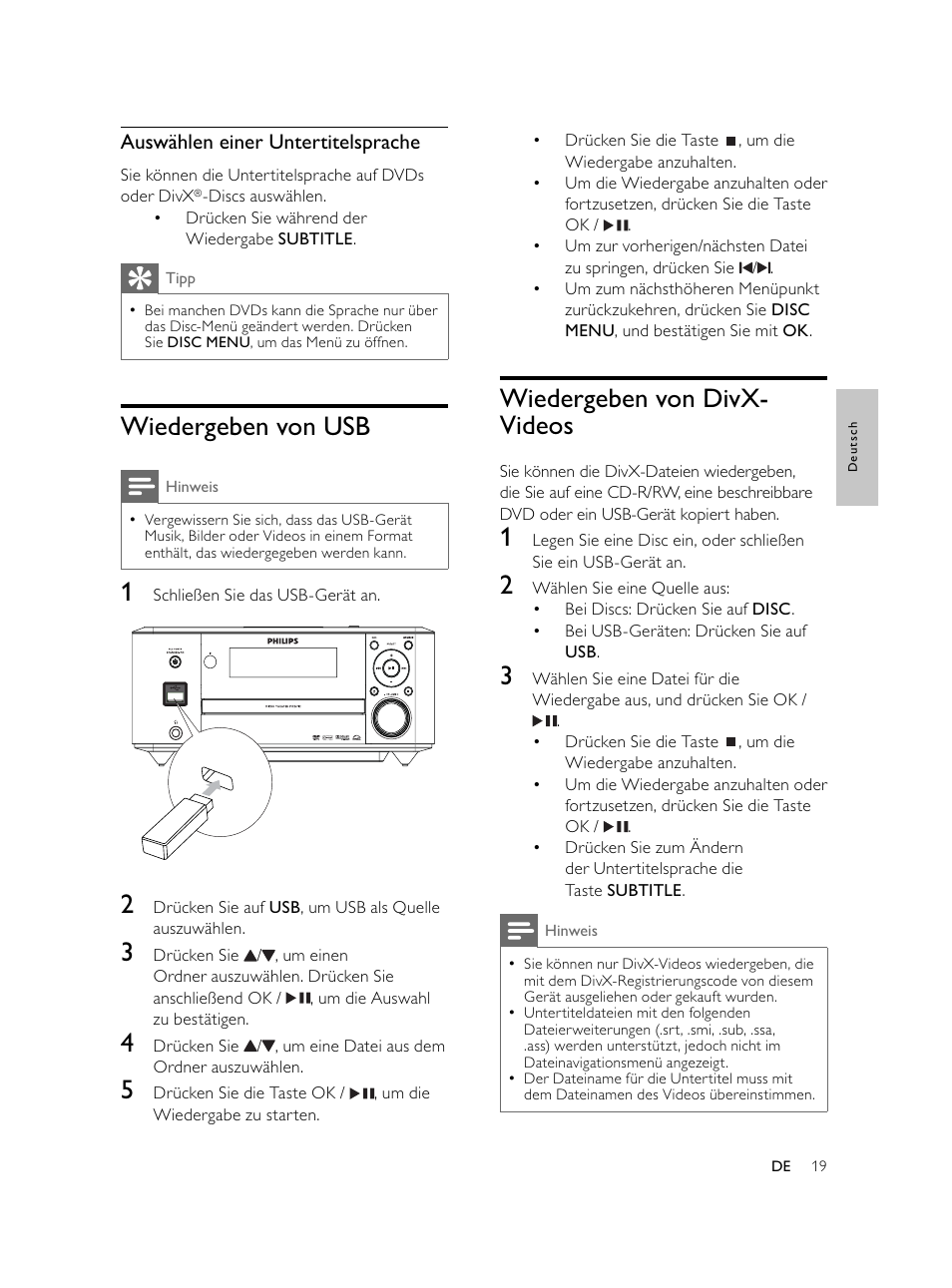 Wiedergeben von divx- videos, Wiedergeben von usb | Philips Microcadena DVD por componentes User Manual | Page 84 / 269
