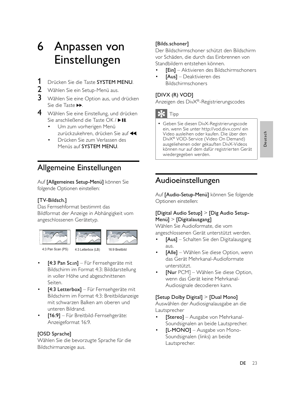 6 anpassen von einstellungen, Audioeinstellungen, Allgemeine einstellungen | Philips Microcadena DVD por componentes User Manual | Page 88 / 269