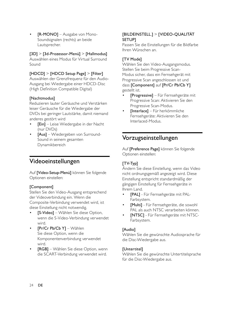 Vorzugseinstellungen, Videoeinstellungen | Philips Microcadena DVD por componentes User Manual | Page 89 / 269