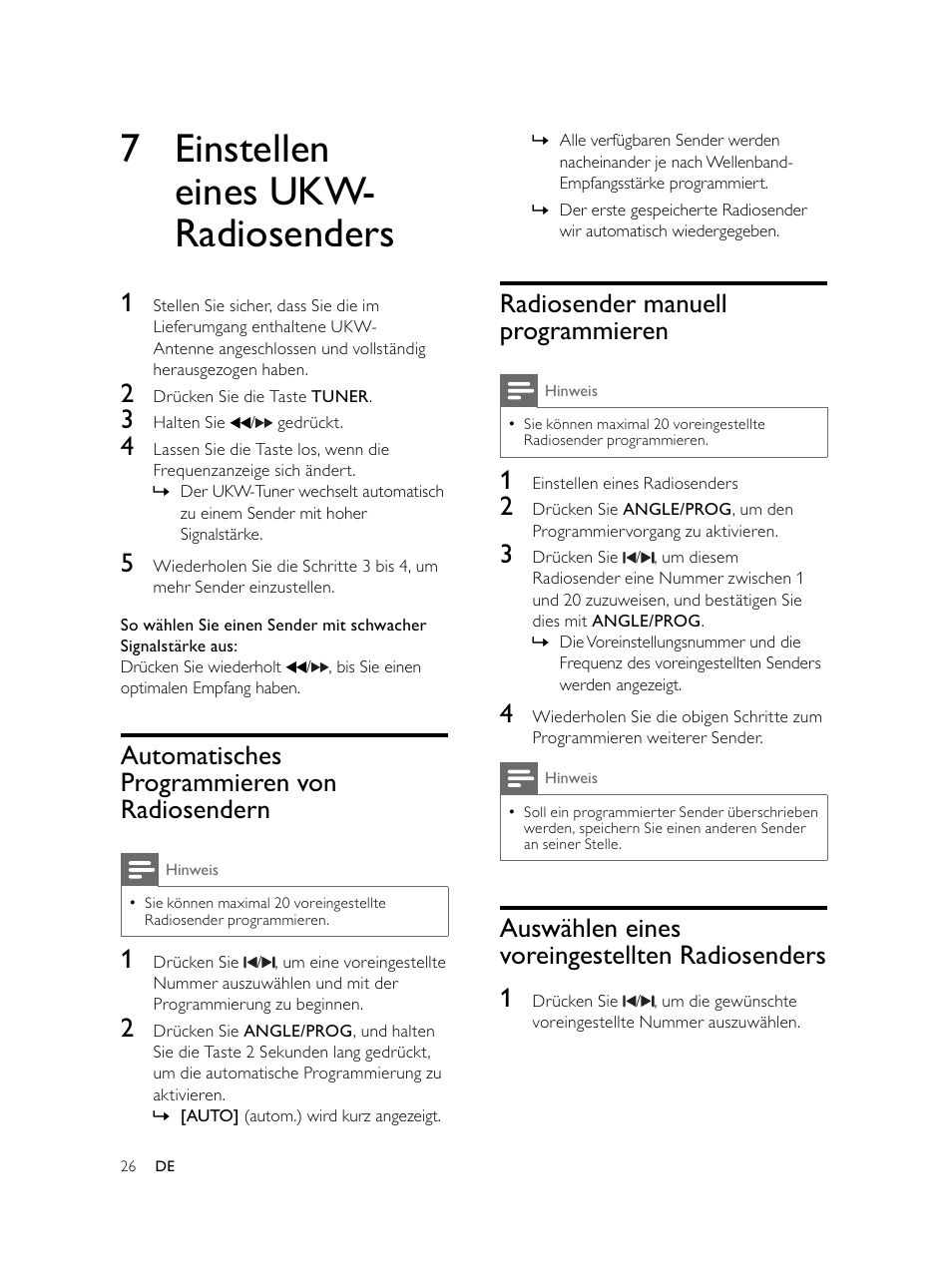7 einstellen eines ukw- radiosenders, Radiosender manuell programmieren, Auswählen eines voreingestellten radiosenders 1 | Automatisches programmieren von radiosendern | Philips Microcadena DVD por componentes User Manual | Page 91 / 269