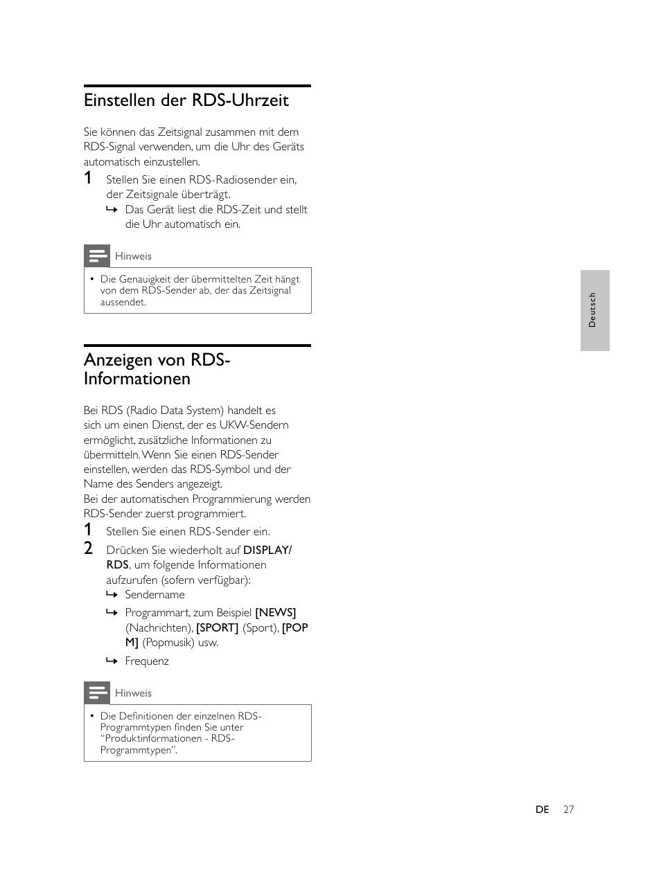 Einstellen der rds-uhrzeit, Anzeigen von rds- informationen | Philips Microcadena DVD por componentes User Manual | Page 92 / 269
