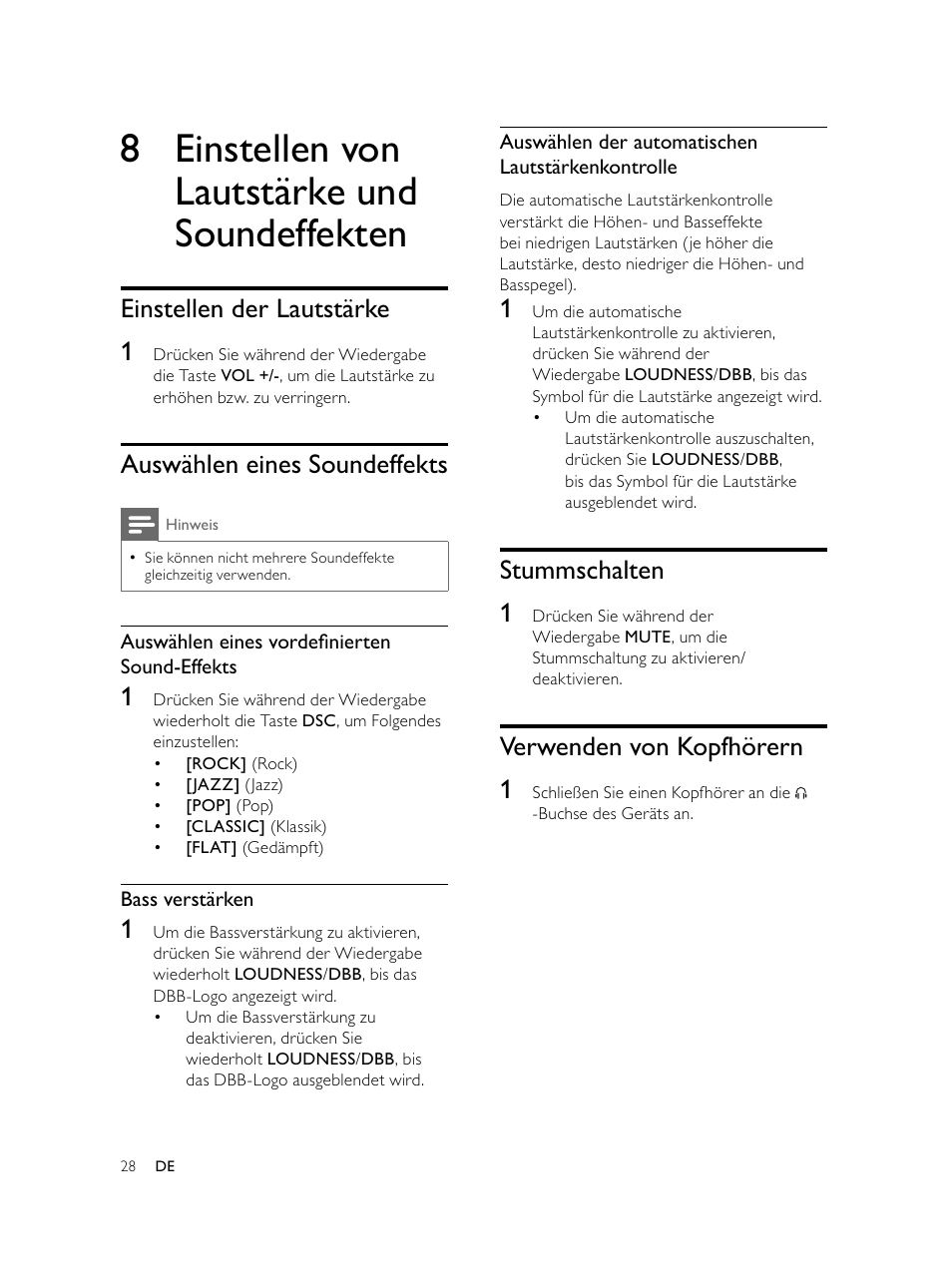 8 einstellen von lautstärke und soundeffekten, Stummschalten 1, Verwenden von kopfhörern 1 | Einstellen der lautstärke 1, Auswählen eines soundeffekts | Philips Microcadena DVD por componentes User Manual | Page 93 / 269