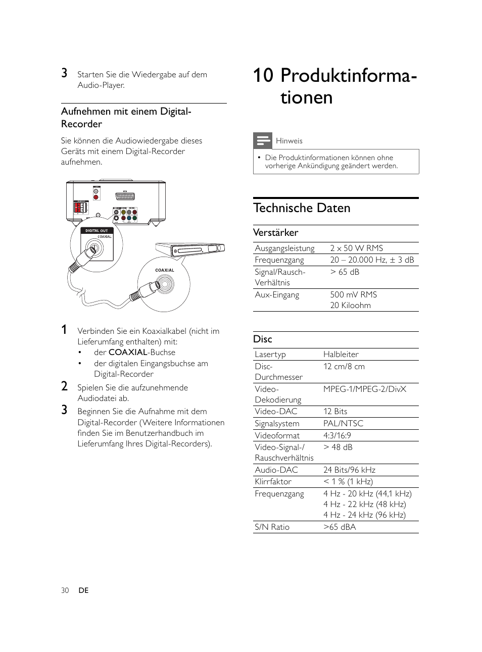 10 produktinforma- tionen, Technische daten | Philips Microcadena DVD por componentes User Manual | Page 95 / 269