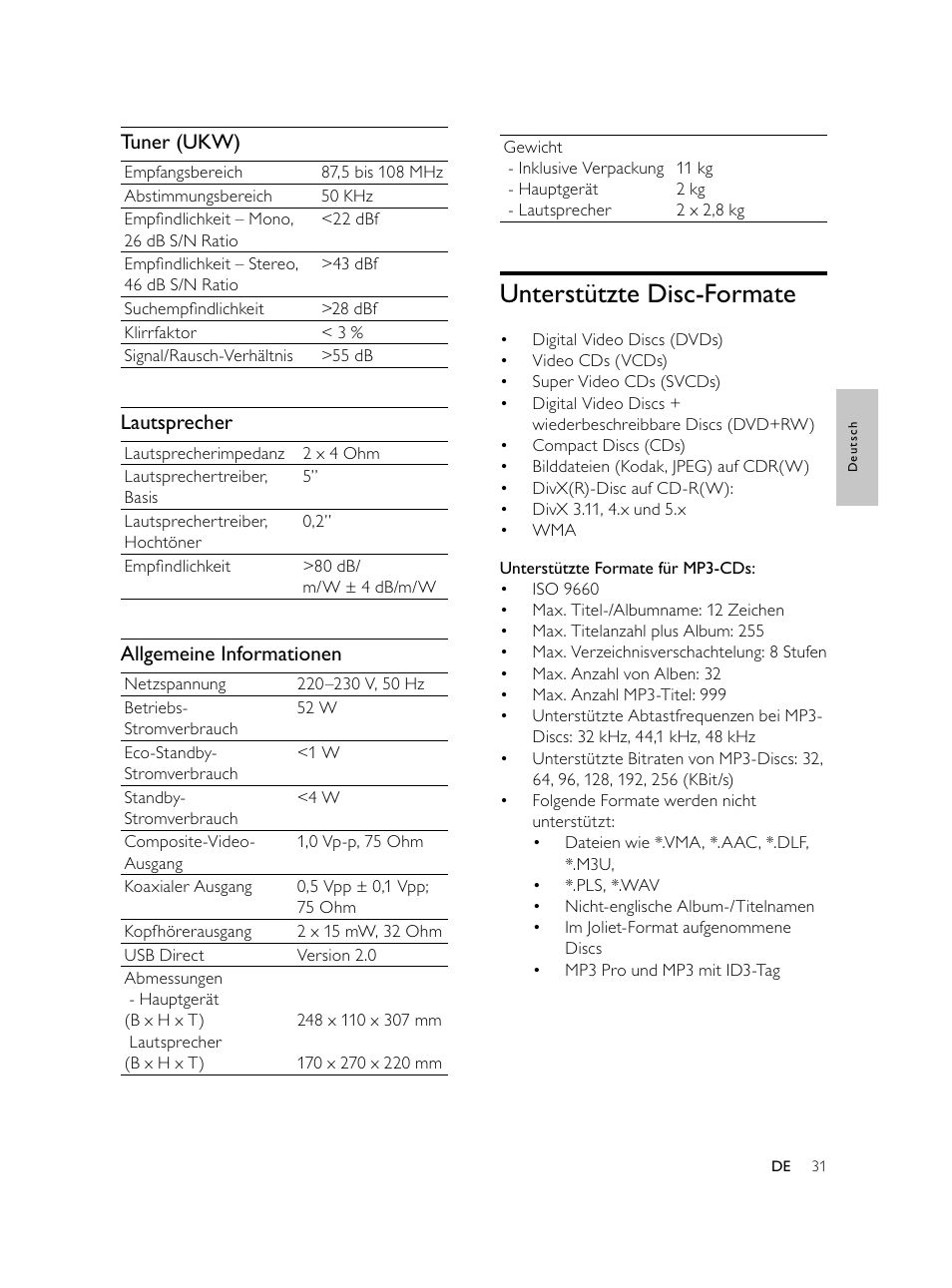 Unterstützte disc-formate, Tuner (ukw), Lautsprecher | Allgemeine informationen | Philips Microcadena DVD por componentes User Manual | Page 96 / 269