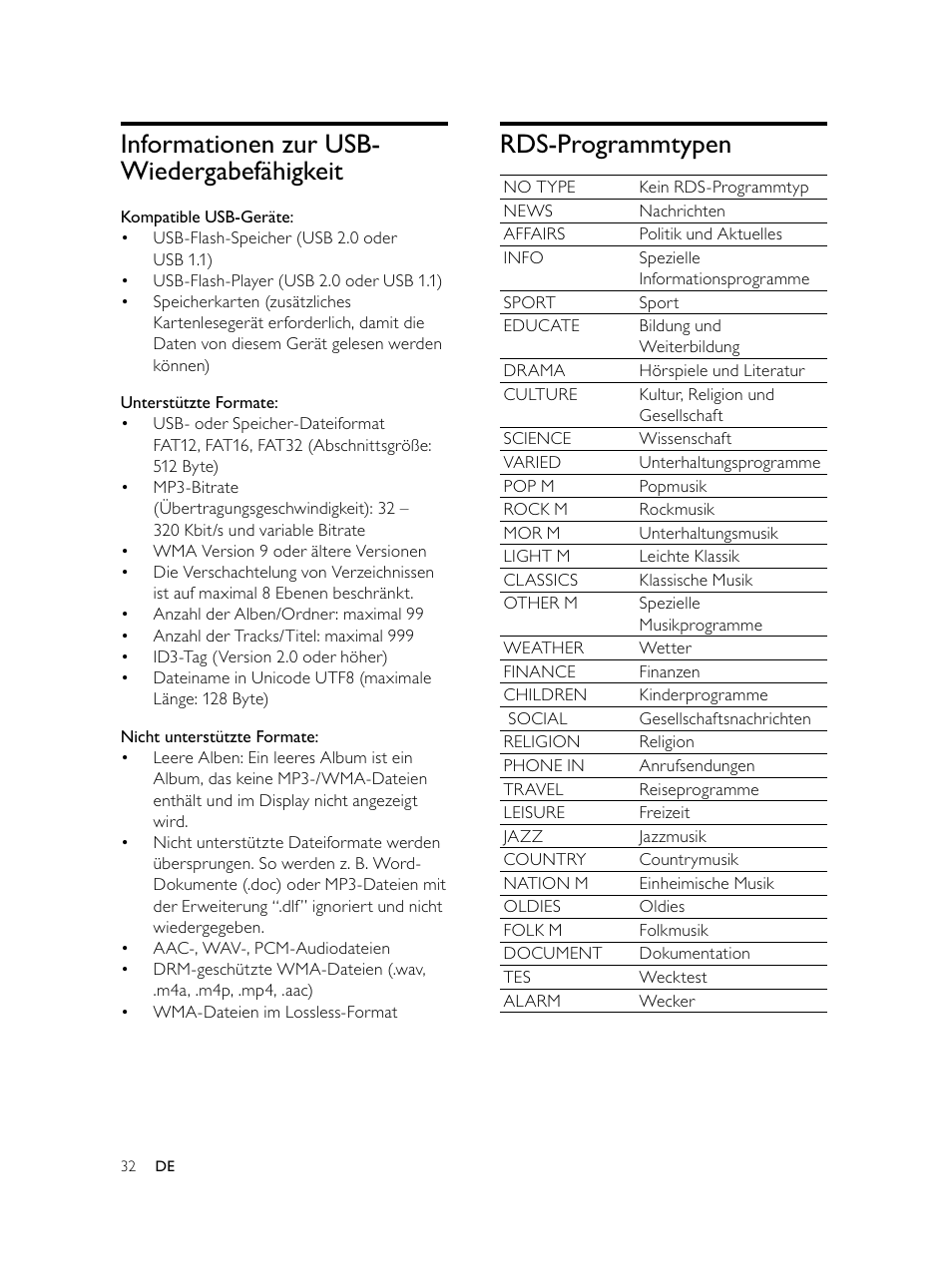 Rds-programmtypen, Informationen zur usb- wiedergabefähigkeit | Philips Microcadena DVD por componentes User Manual | Page 97 / 269