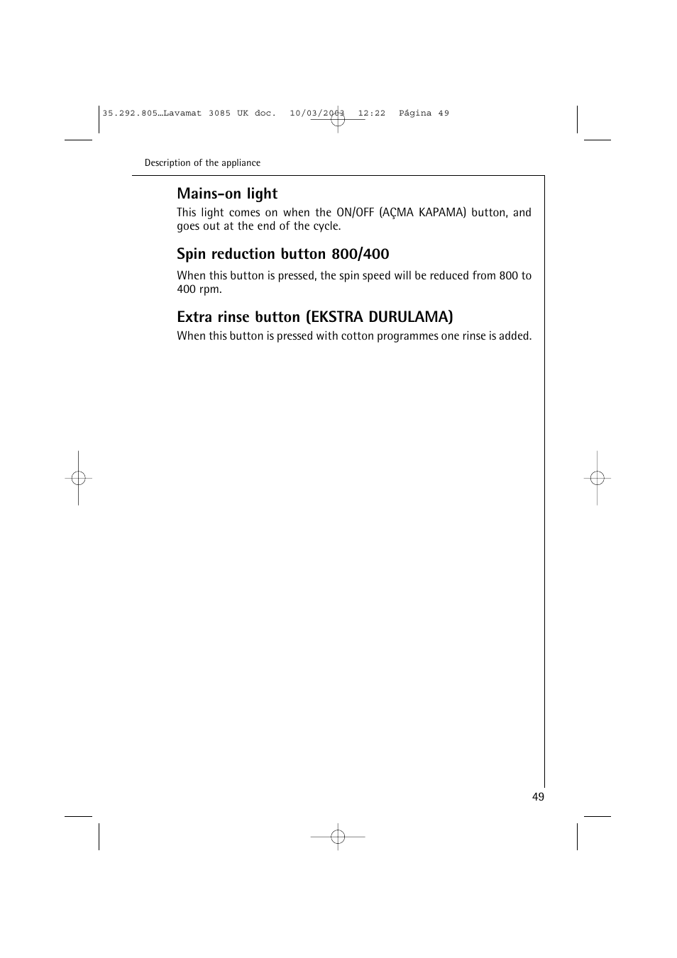 Mains-on light, Extra rinse button (ekstra durulama) | AEG LAVAMAT 3085 User Manual | Page 12 / 43