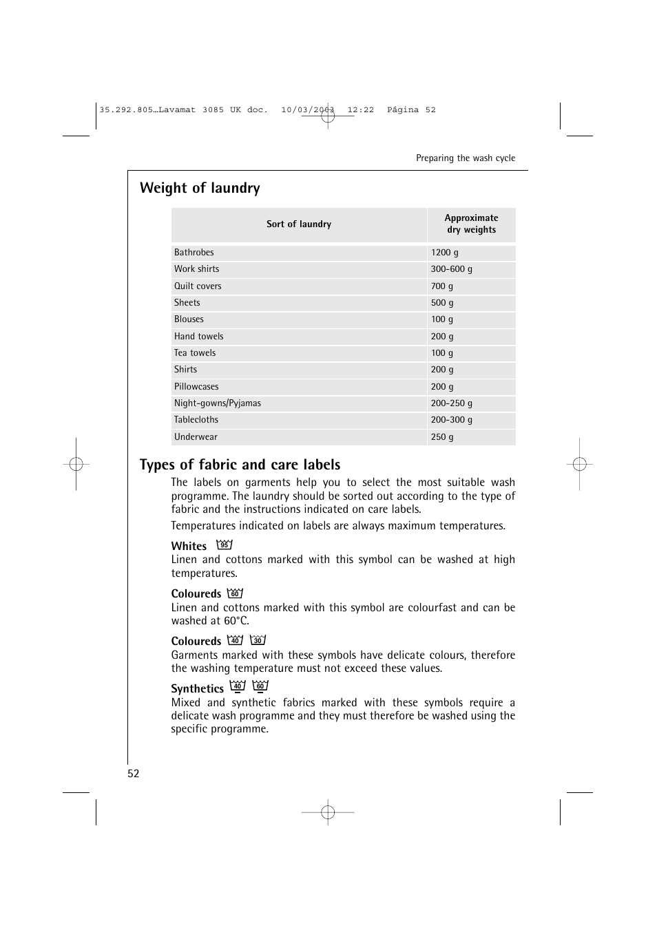 Weight of laundry types of fabric and care labels | AEG LAVAMAT 3085 User Manual | Page 15 / 43