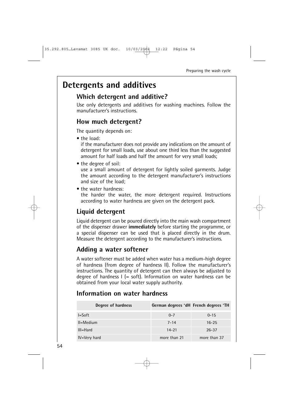 Detergents and additives, Which detergent and additive, How much detergent | Liquid detergent, Adding a water softener, Information on water hardness | AEG LAVAMAT 3085 User Manual | Page 17 / 43