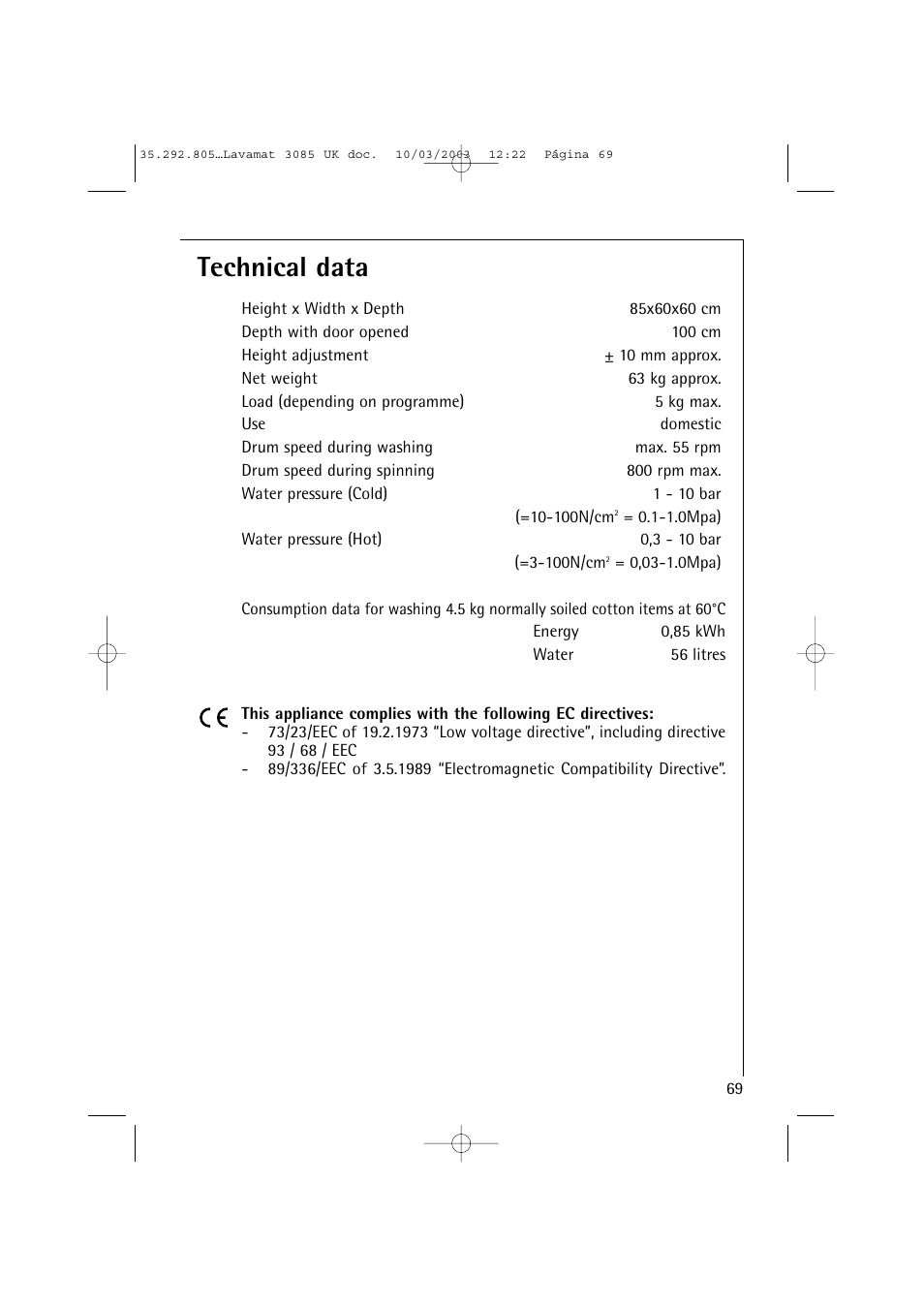 Technical data | AEG LAVAMAT 3085 User Manual | Page 32 / 43