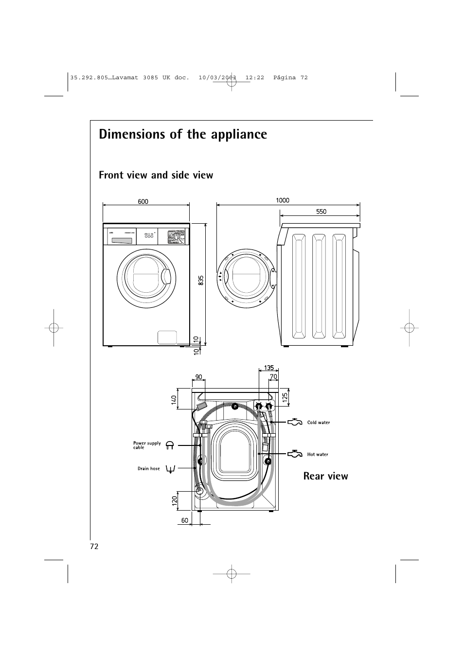 Dimensions of the appliance | AEG LAVAMAT 3085 User Manual | Page 35 / 43